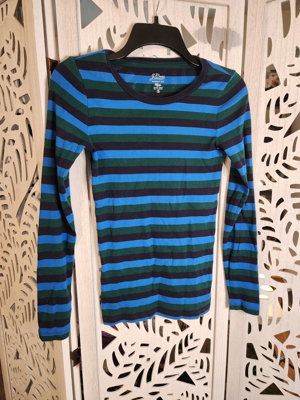 J. Crew Striped Long-Sleeve Crewneck Top in Blue and Green